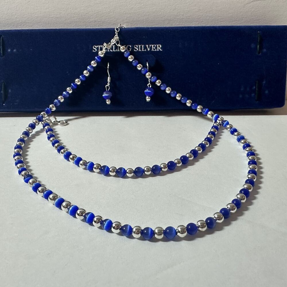 Sterling Silver Blue Stone Jewelry Set W/ Earrings, Bracelet, Necklace